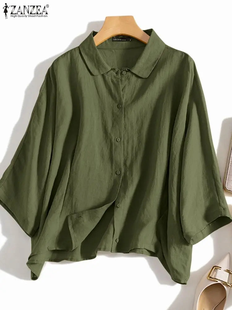 Saashi Summer Lapel Neck Tunic Shirt for Women Casual Loose Fit Workwear Blouse 3/4 Sleeve