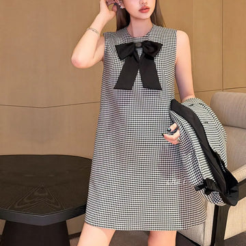 Saashi Check Bodycon Mini Dress Sleeveless Bow Tie Party Style