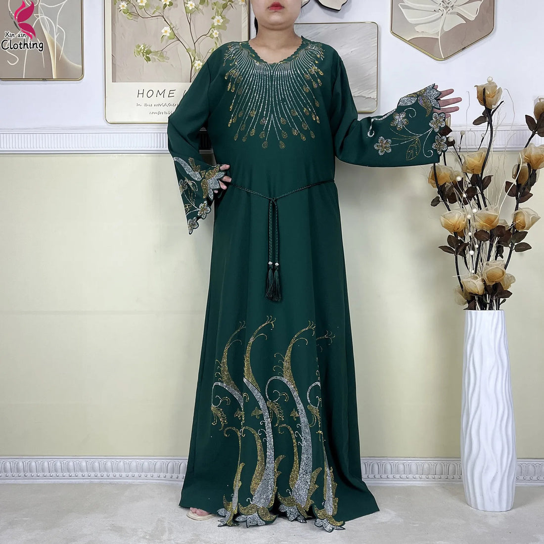 Saashi Elegant Chiffon Abaya Dress for Women with Long Sleeves and Diamond Details
