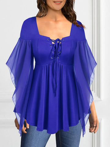 Saashi Women's Chiffon Blouse Half Sleeve Square Neck Pleated Plus Size Elegant Office Top