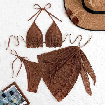 Saashi Sexy Brown Lace Mesh 3 Piece Bikini Set Halter Thong Cover Up.