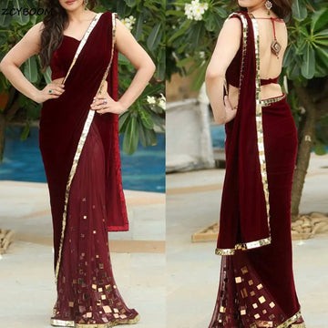 Saashi Velour Saree – Burgundy Mermaid Saree – Indian Party Dress Evening Gown