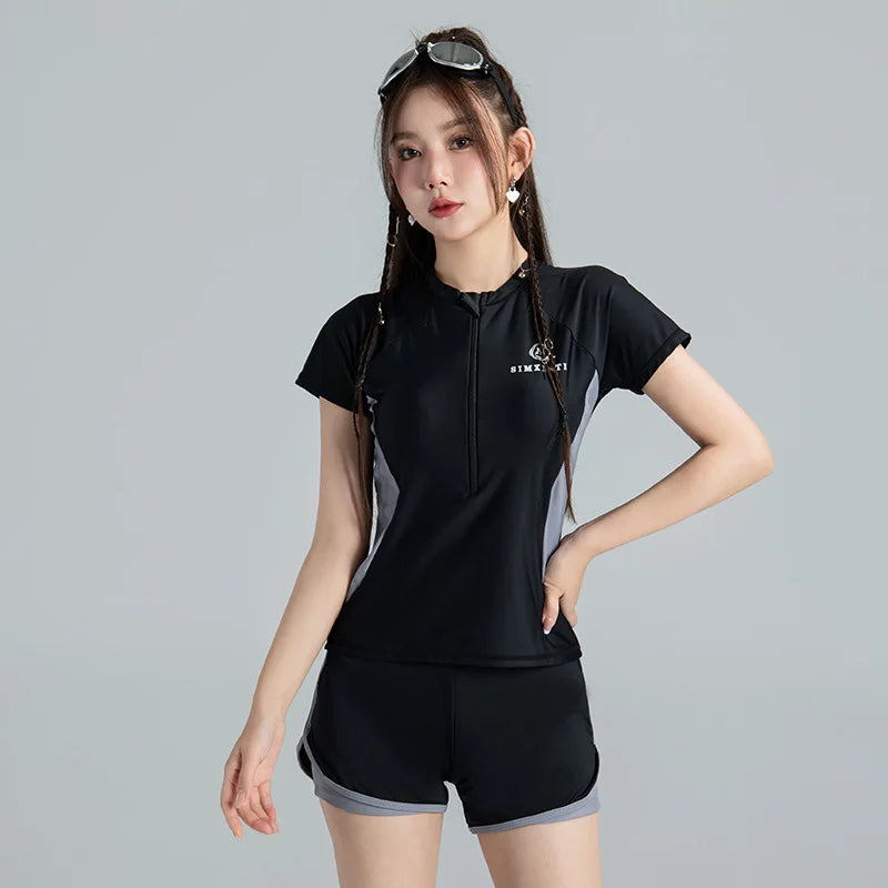Saashi Women’s Black Two-Piece Short Sleeve Sports Swimsuit with Zipper and Boxer Shorts