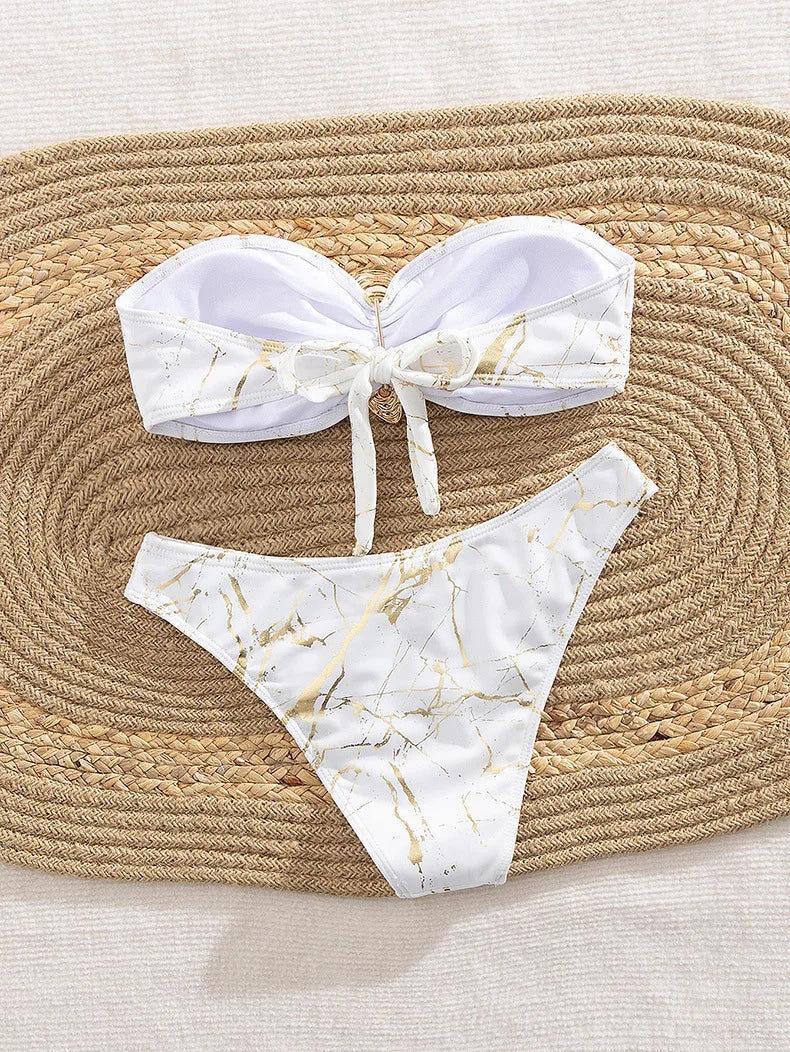 Saashi Women's Seashell Bandeau Bikini Set with Thong Bottoms