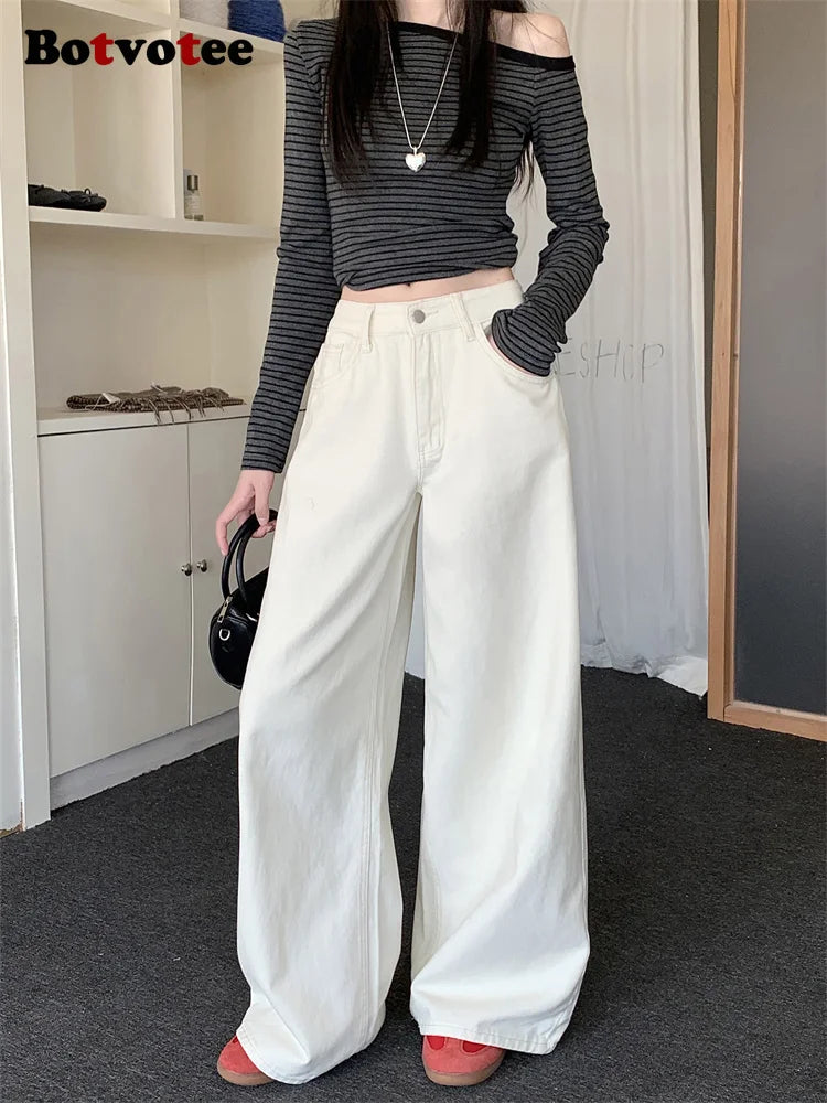 Saashi Milk White Baggy High Waisted Jeans for Women Y2K Loose Fit Denim Pants