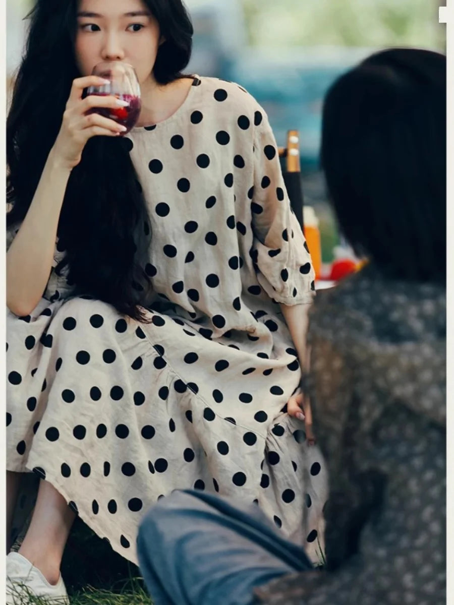 Saashi Cotton Linen Midi Dress Round Neck Polka Dot A Line Style