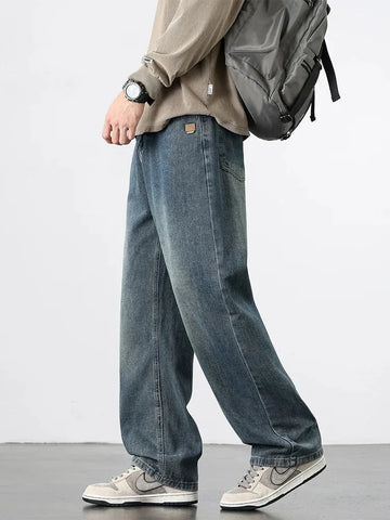 Saashi Men's Spring Autumn American Retro Straight Korean Streetwear Wide Leg Jeans.