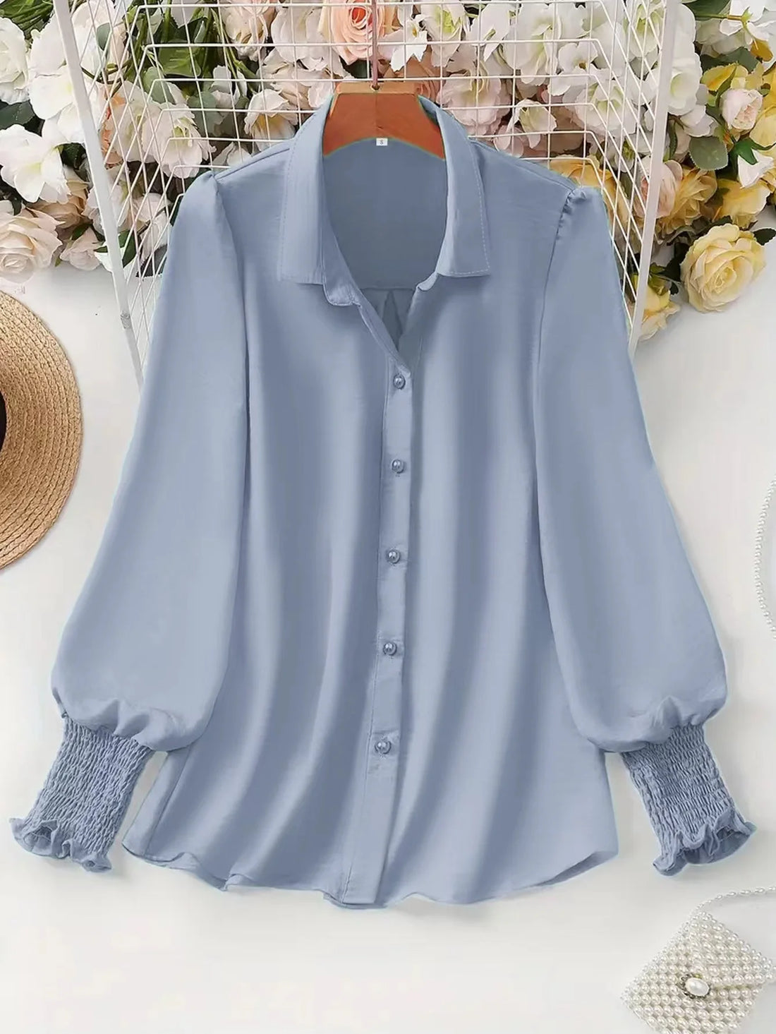 Saashi Plus Size Casual Puff Sleeve Blouse for Women Solid Button Down Office Top