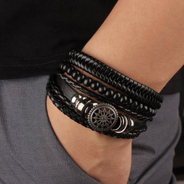Saashi 4Pcs Braided Wrap Leather Bracelets Men Vintage Life Tree Rudder Ethnic.