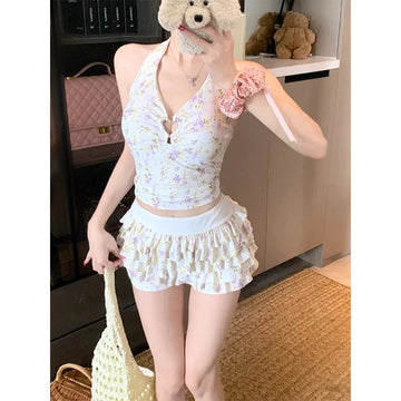 Saashi New Sweet Floral Pure Desire Split Swimsuit Hanging Neck Conservative Bikini Flat.