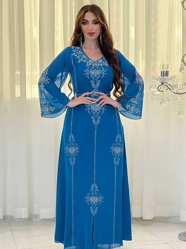 Saashi Eid Muslim Abaya Party Dress for Women with Diamond Lace-Up Jalabiya Robe