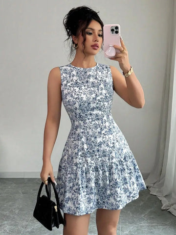 Saashi Blue White Floral Dress Sleeveless Boho French Style