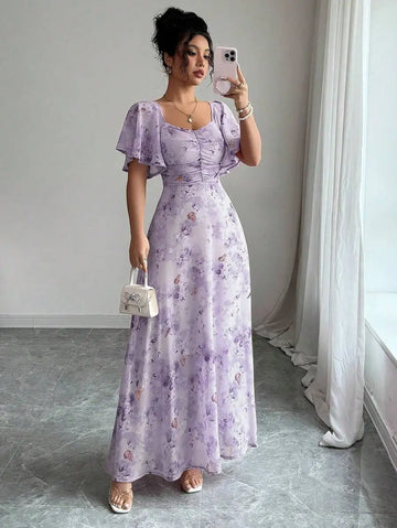 Saashi French Mini Dress Butterfly Print Batwing Sleeve Style