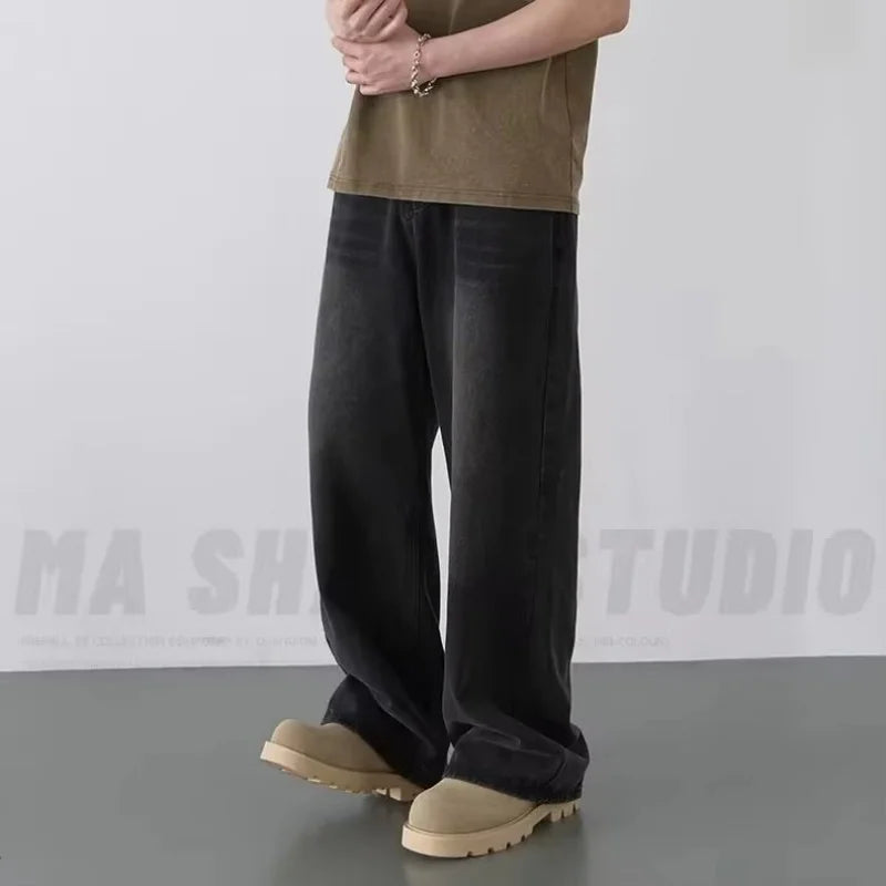Saashi Men's Spring Autumn Old Blue Washed Casual Contrasting Color Wide Leg.