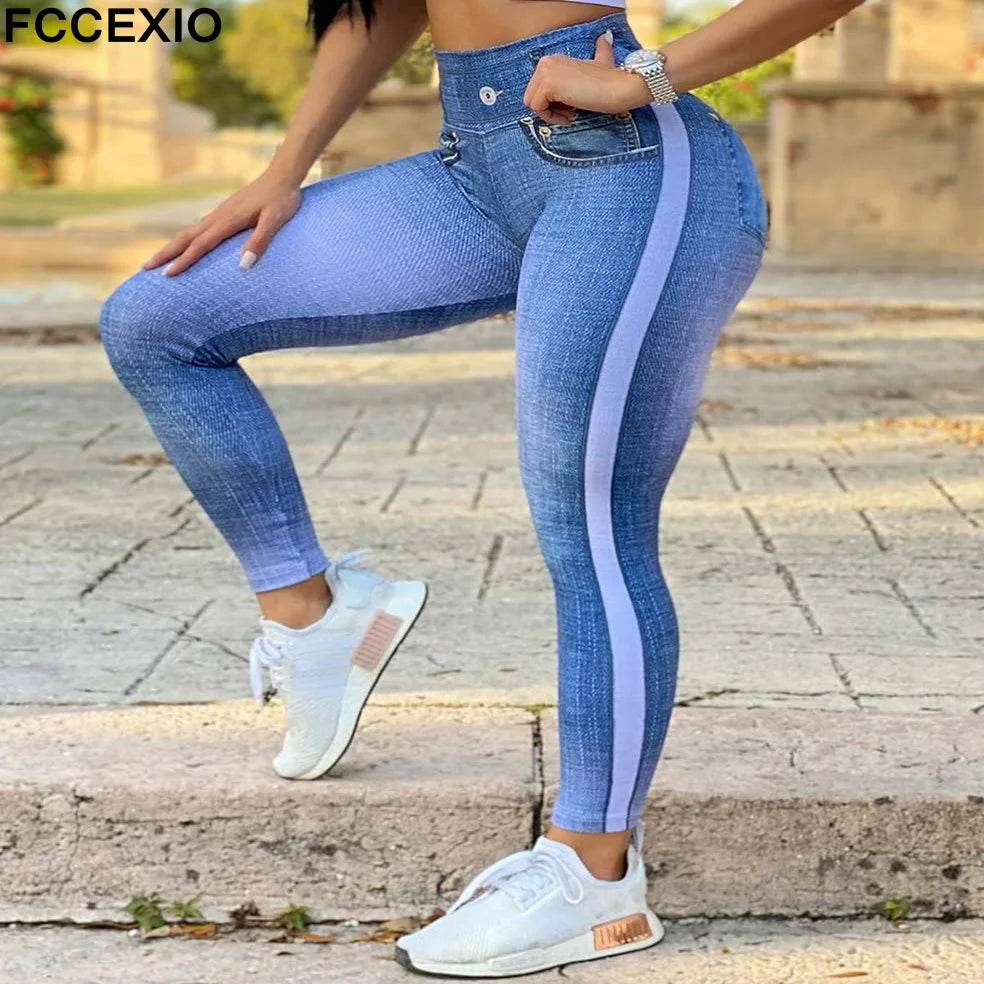 Saashi FCCEXIO Denim Print High Waist Leggings Sports Fitness Tights
