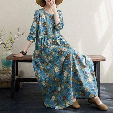 Saashi Cotton Linen Maxi Dress Vintage Boho Autumn Style
