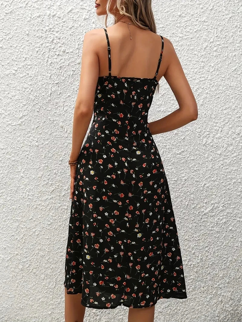 Saashi Floral Strap Dress Square Neck Slit Beach Style