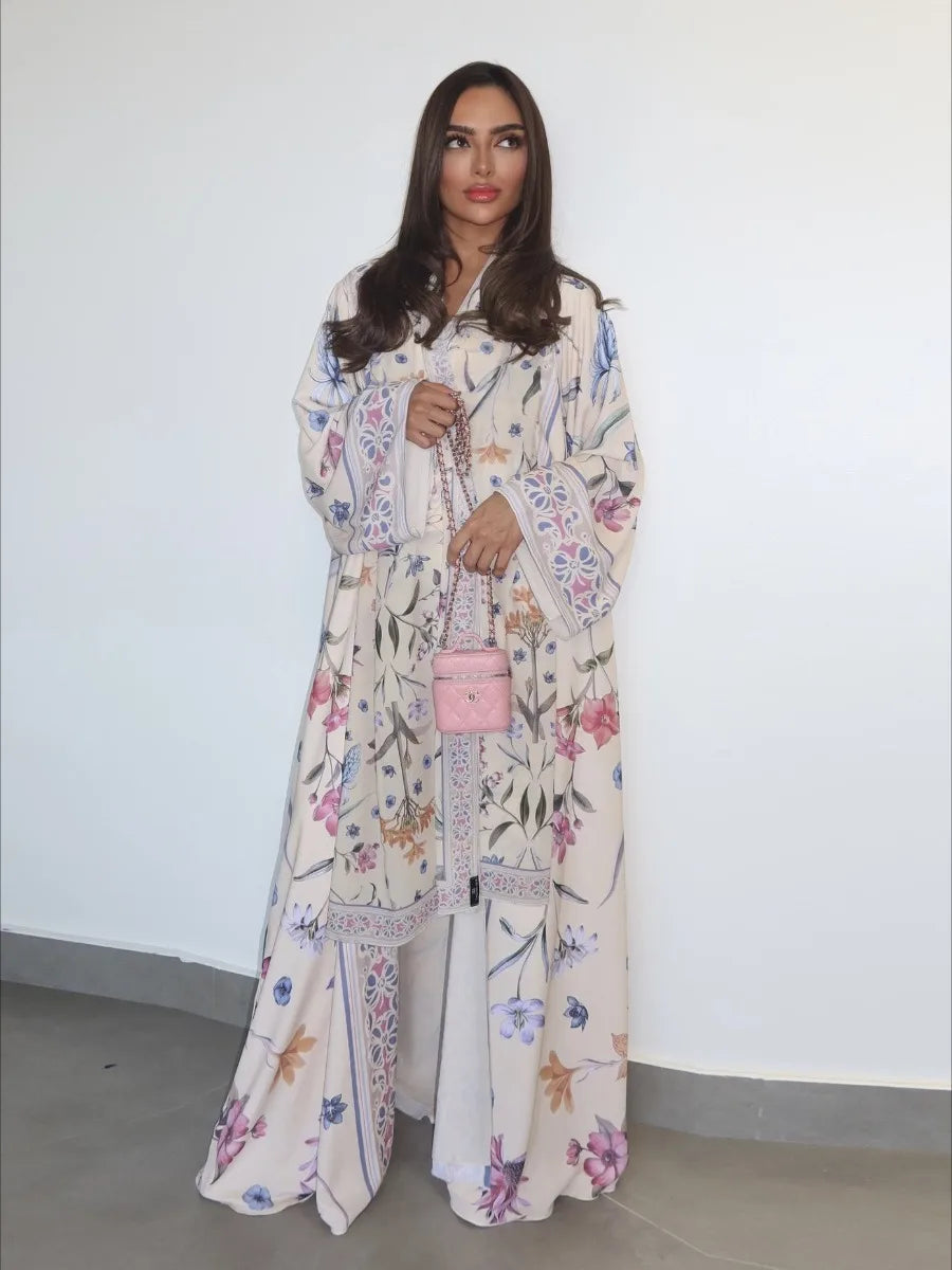Saashi Eid Abaya for Women Muslim Floral Print Open Cardigan Dress with Scarf Kaftan