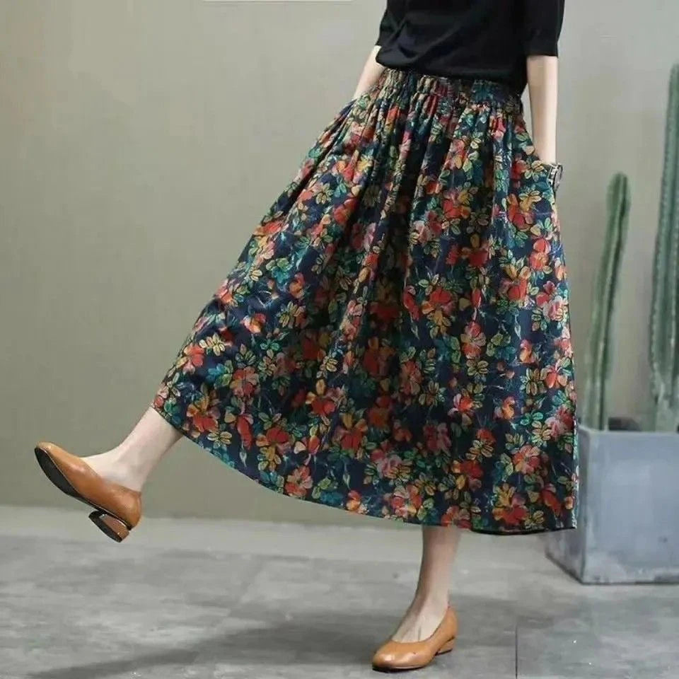 Saashi New Floral Print High Waist Midi Spring Autumn Loose A-Line Skirt.