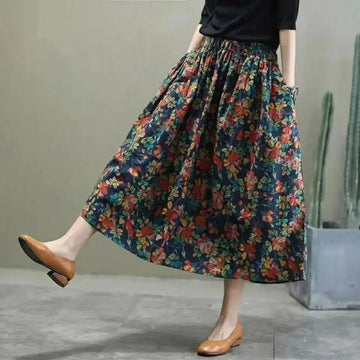 Saashi New Floral Print High Waist Midi Spring Autumn Loose A-Line Skirt.