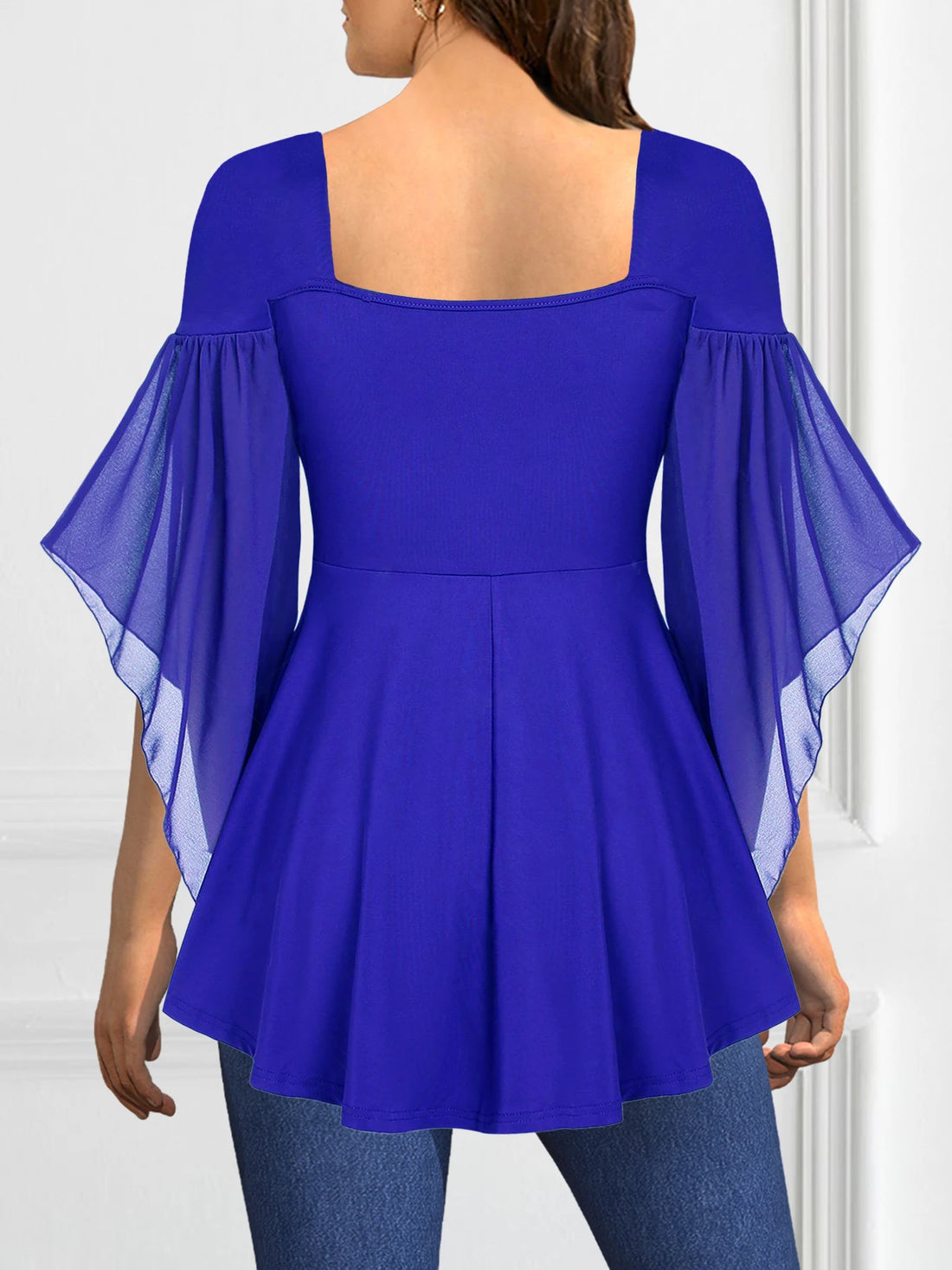 Saashi Women's Chiffon Blouse Half Sleeve Square Neck Pleated Plus Size Elegant Office Top