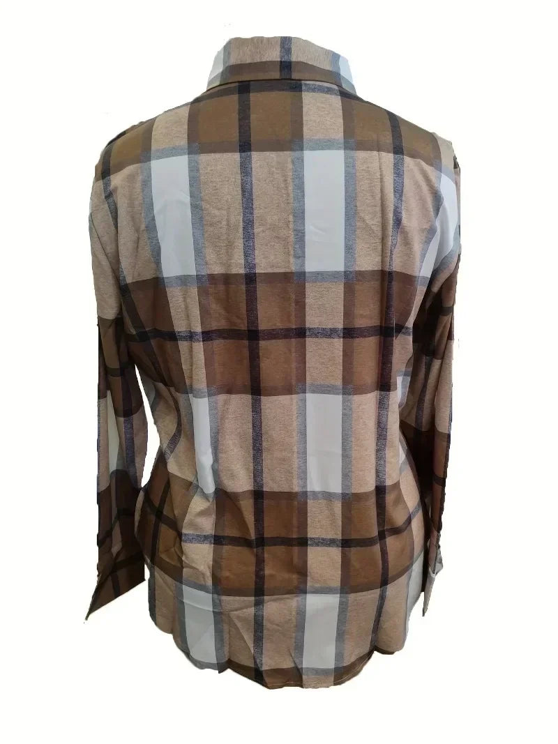Saashi Plus Size Checkered Print Polo Collar Shirt for Women 1XL-5XL Casual Loose Fit