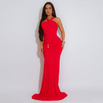 Saashi Elegant Draped Bodycon Maxi Dress – Sleeveless Backless Solid Color Party Wear for Women