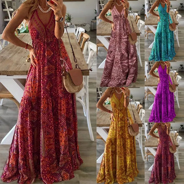 Saashi Women’s Boho Floral Maxi Dress V Neck Beach Holiday Style