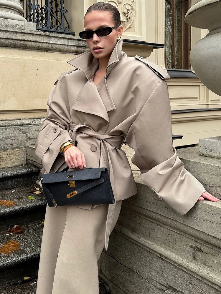 Saashi Short Trench Coat Belted Lapel Autumn Streetwear Jacket
