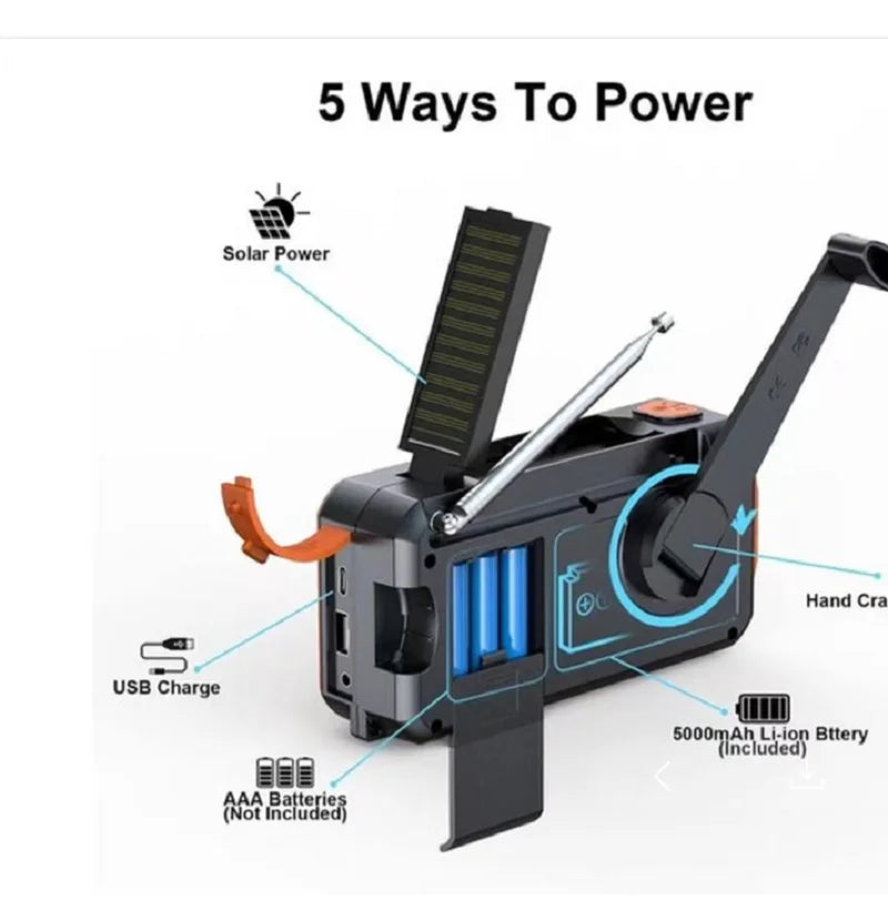 Saashi Emergency Crank Radio DAB FM Bluetooth Solar Hand Crank with 5000mAh Battery Alarm Clock