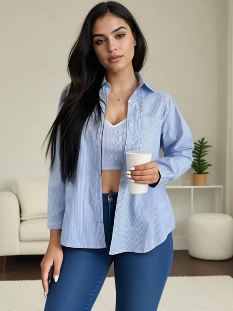 Saashi Plus Size Striped Long Sleeve Shirt for Women 1XL-5XL – Casual Tie Waist with Pocket