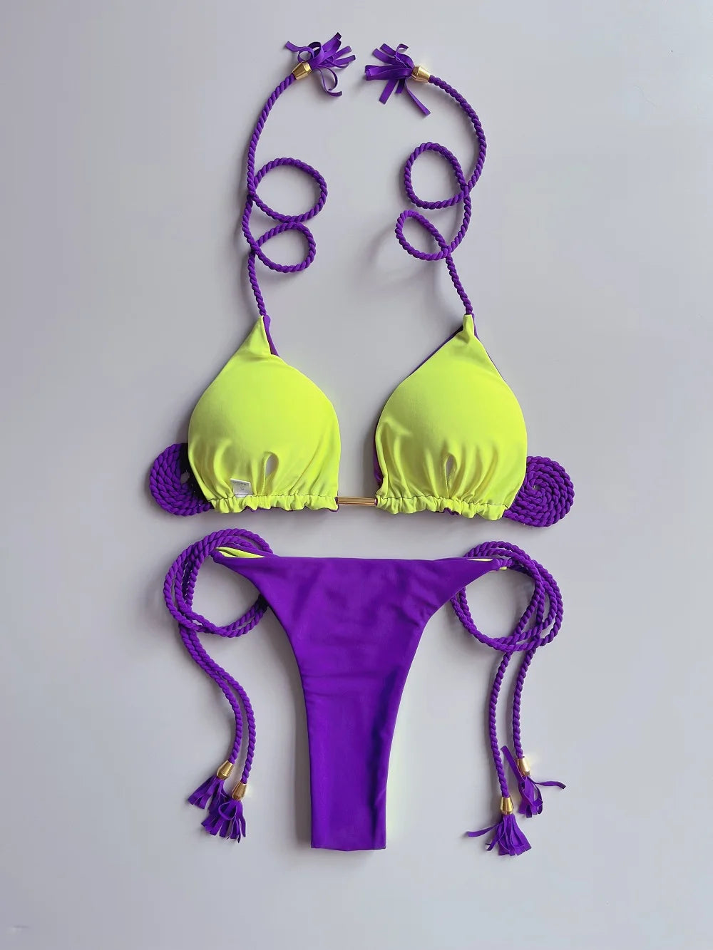 Saashi Women's Braided Rope Bikini Set - Solid Color Triangle Top
