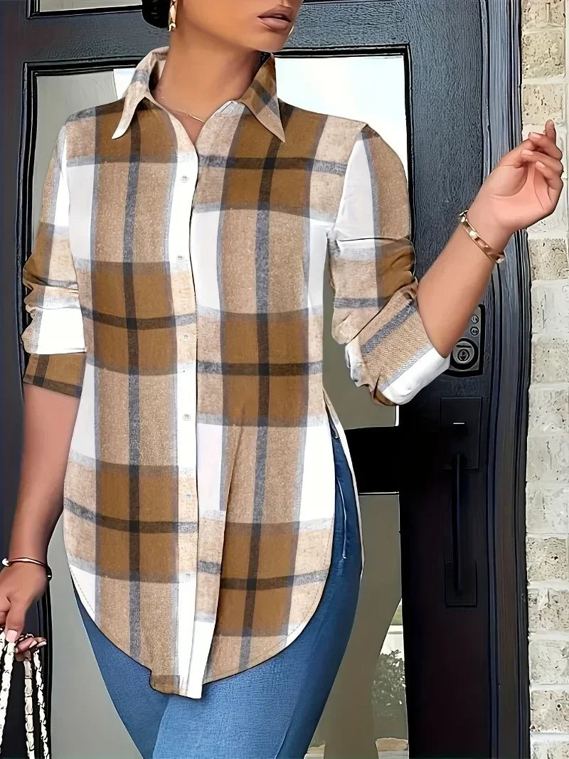 Saashi Plus Size Checkered Print Polo Collar Shirt for Women 1XL-5XL Casual Loose Fit
