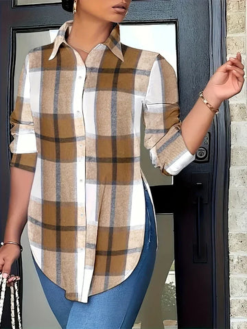 Saashi Plus Size Checkered Print Polo Collar Shirt for Women 1XL-5XL Casual Loose Fit