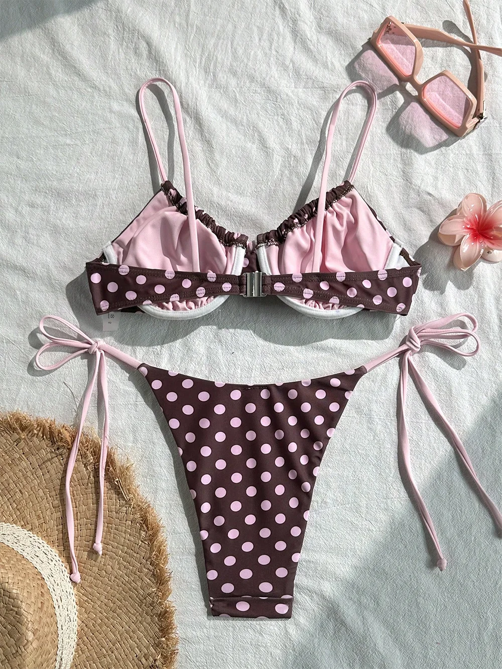 Saashi Vintage Brown Pink Polka Dot Bikini Set High Cut Two Piece Swimsuit.