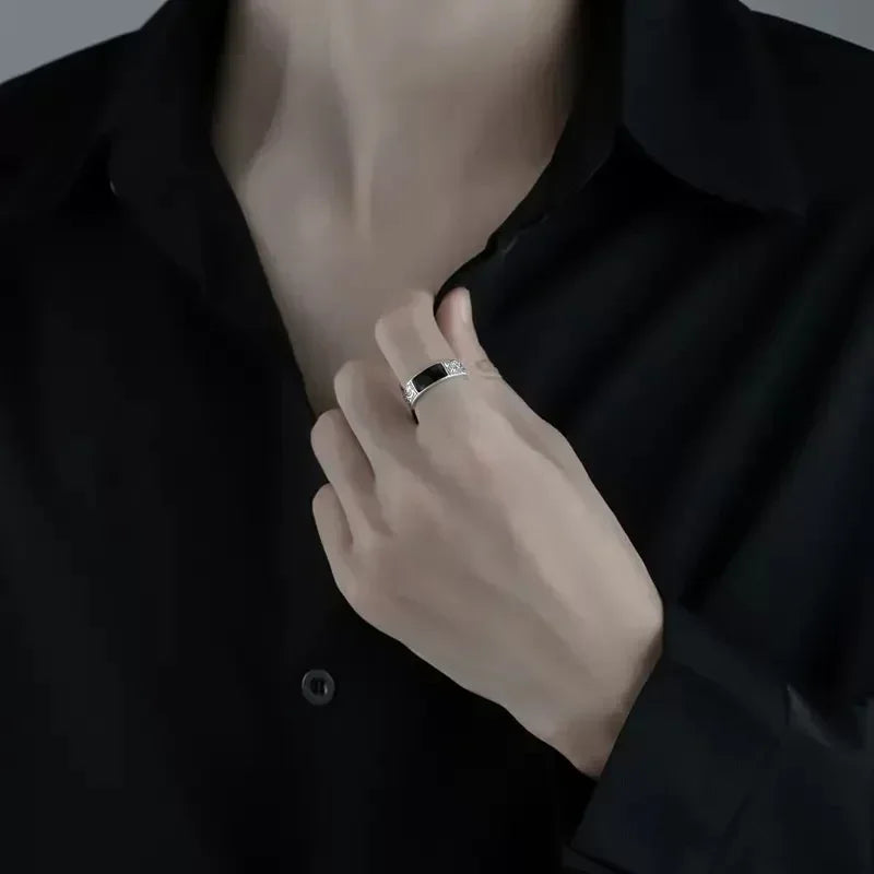 Saashi Vintage Silver Ring for Men Black Rectangle Dragon Pattern Adjustable Jewelry
