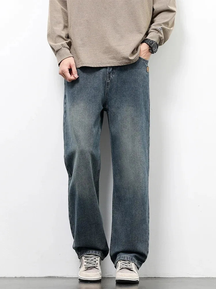 Saashi Men's Spring Autumn American Retro Straight Korean Streetwear Wide Leg Jeans.