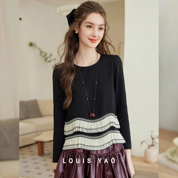 Saashi Elegant Contrast Color Flounced Edge Short Sleeve T-Shirt for Women with Soft Stretch Round Neck Design