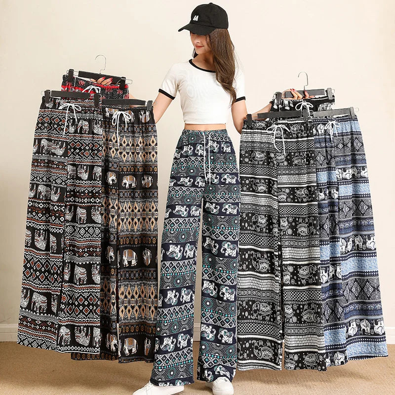 SAASHI  Women Wide Leg Pants High Waist Elephant Print Pant