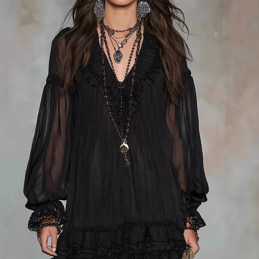 Saashi Lace Patchwork Mini Dress V Neck Ruffle Party Style