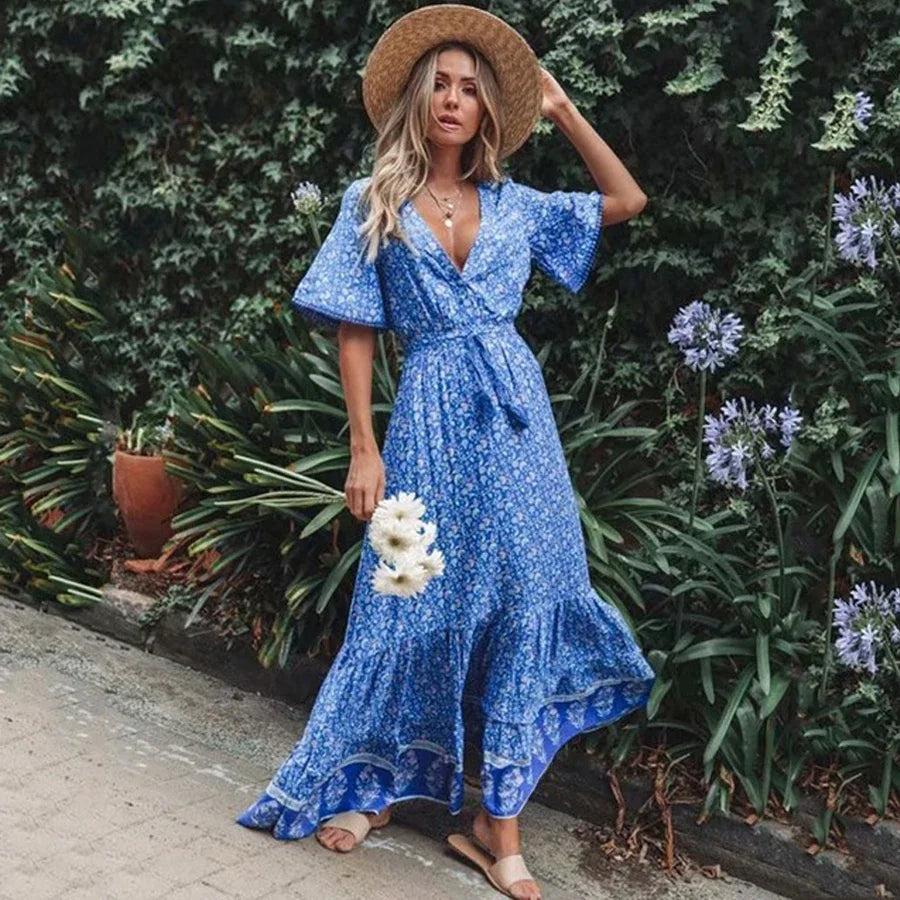 Saashi Blue Floral Boho Maxi Dress – Cotton Rayon Deep V-Neck Loose Hippie Style for Women