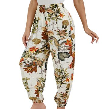 Saashi Plus Size Floral Print Slim Pants for Women with Elastic Waist and Stretch Fabric