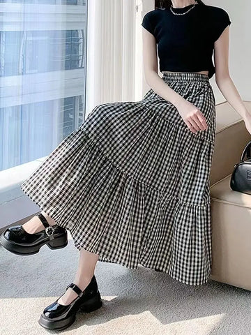 Saashi Women's Patchwork Tiered Skirt Summer Vintage Checkered High Waisted Midi Skirt.