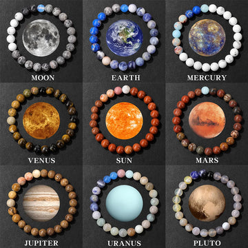 Saashi 8MM Bead Bracelet Solar System Planets Sun Moon Earth Rope Jewelry Unisex