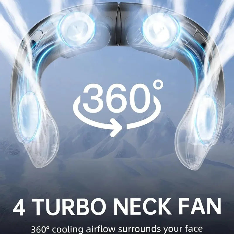 Saashi New Quad-Core USB Neck Fan with Turbine Vaneless Design, Digital Display, and 4000mAh Battery.