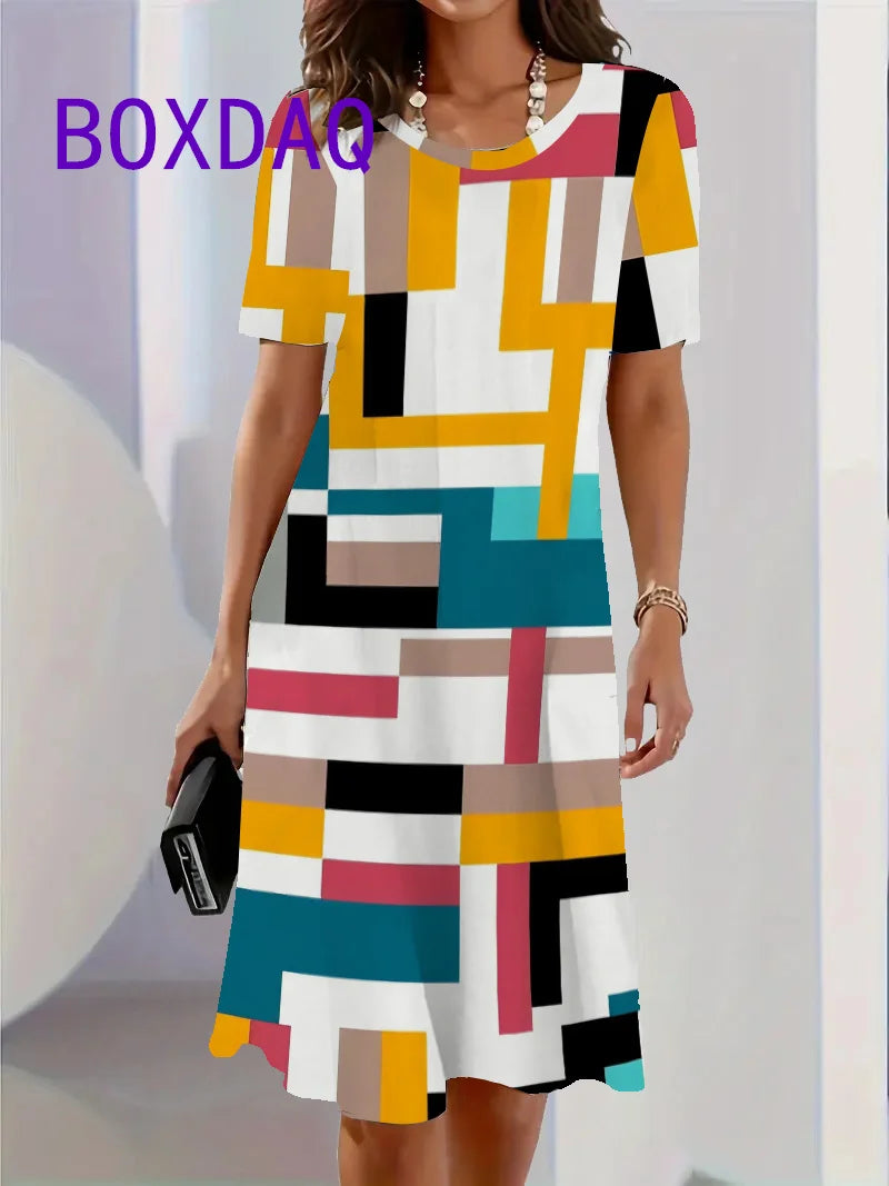 Saashi Geometric Print A Line Dress Short Sleeve Loose Fit Style