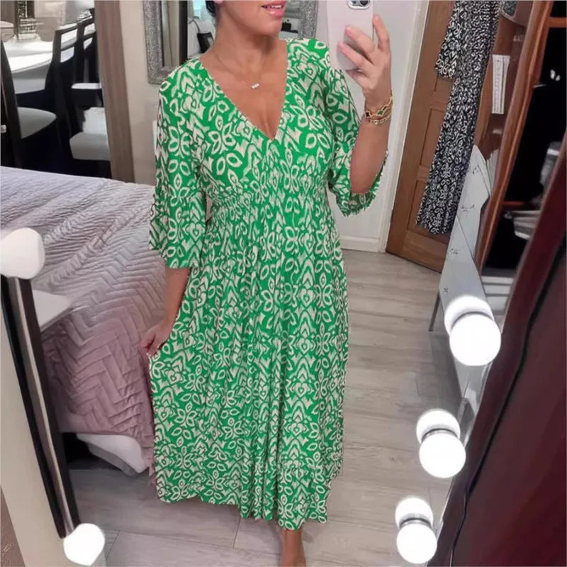 Saashi V-Neck Floral Maxi Dress for Women Half Sleeve Loose Summer Beach Holiday Tunic Style