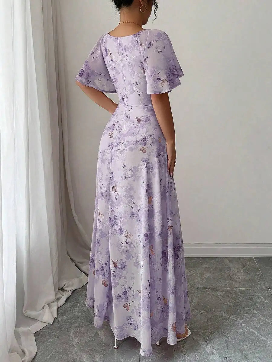Saashi French Mini Dress Butterfly Print Batwing Sleeve Style