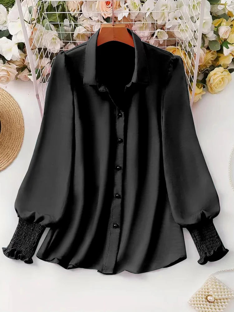 Saashi Plus Size Casual Puff Sleeve Blouse for Women Solid Button Down Office Top