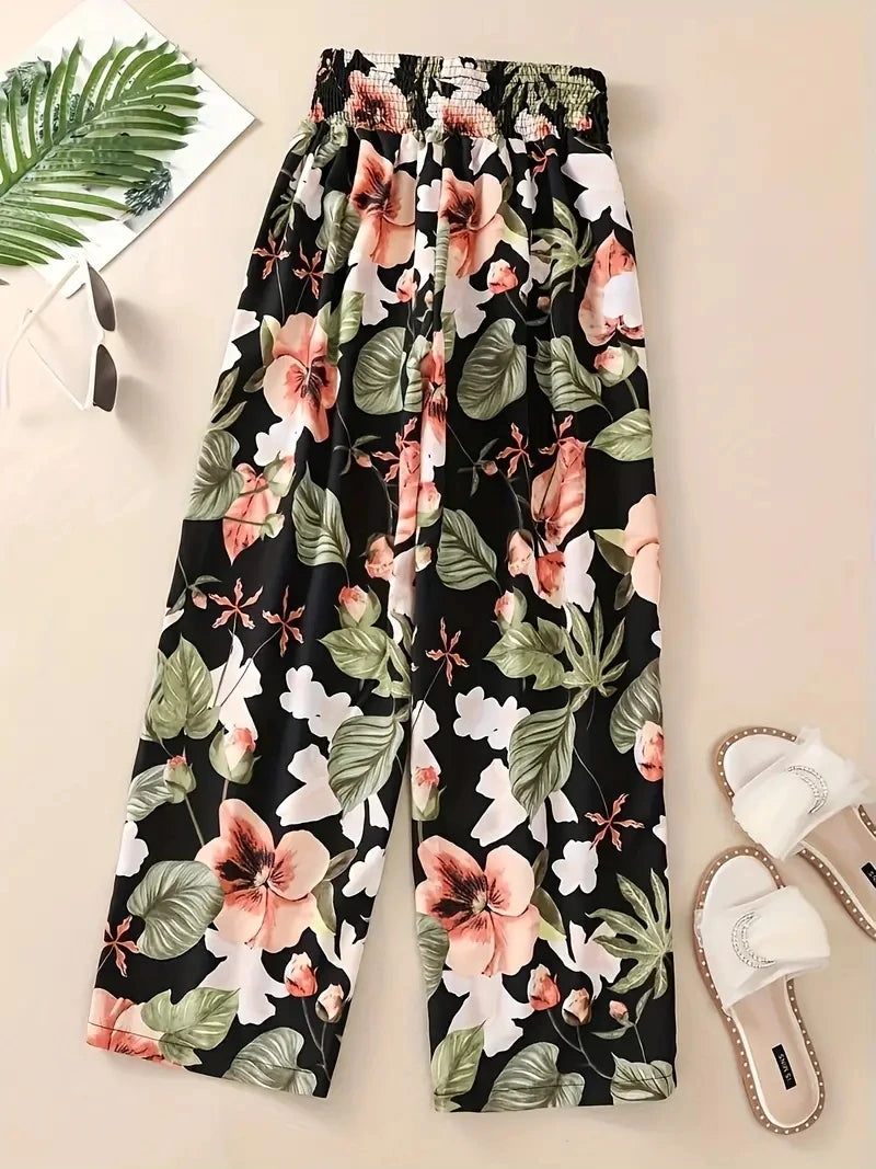 Saashi High Waist Floral Straight-Leg Pants for Women in Lightweight Ice Silk Stretch Fabric